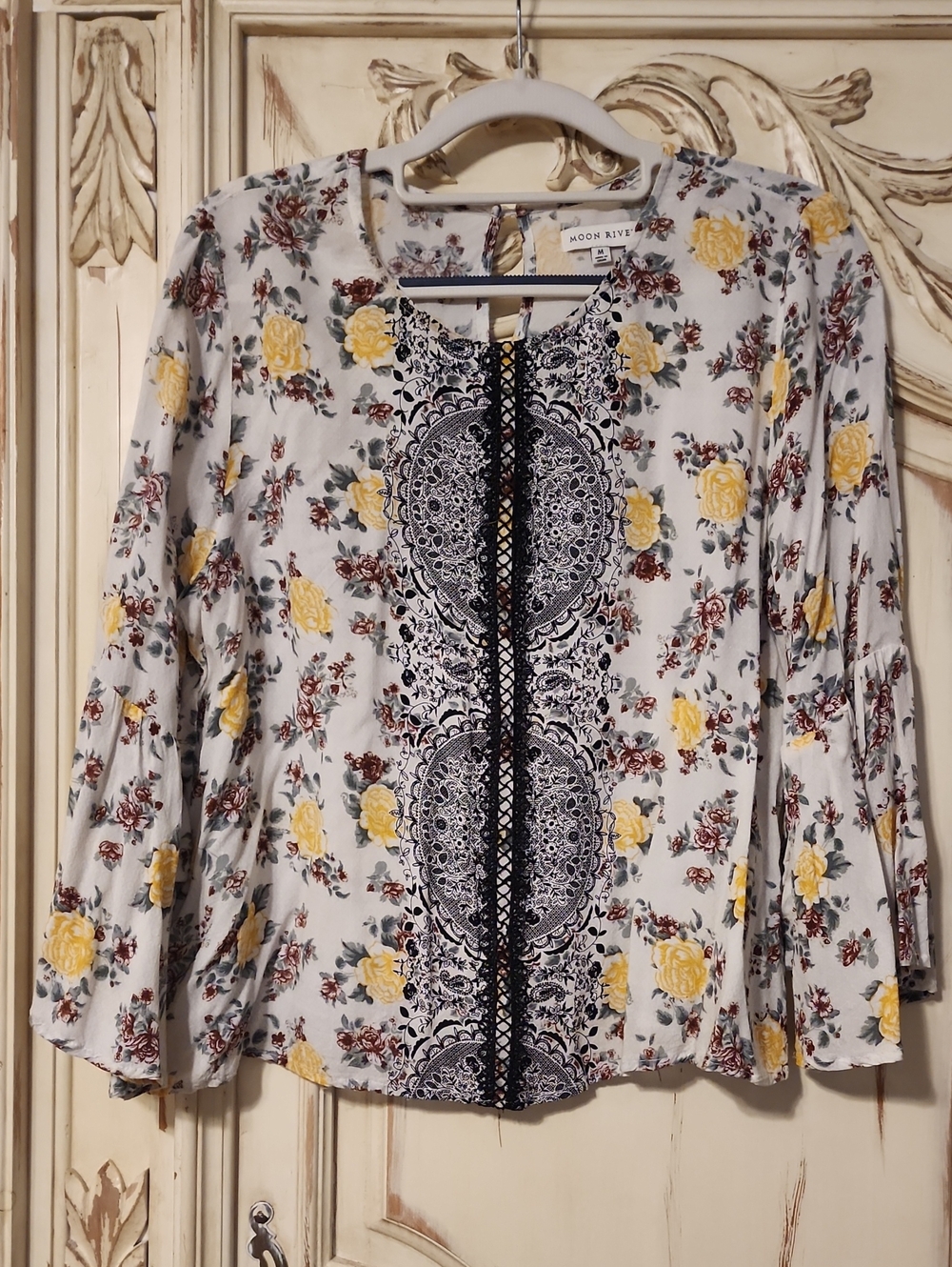 Moon River Cream Ivory Tunic with Yellow Roses & Navy Lace